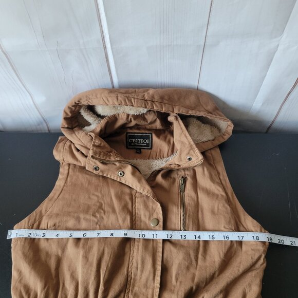 C’EST TOI Women’s S Hooded Khaki/Sherpa Lined Vest, Full Front Zip & Snap Close - Picture 8 of 9